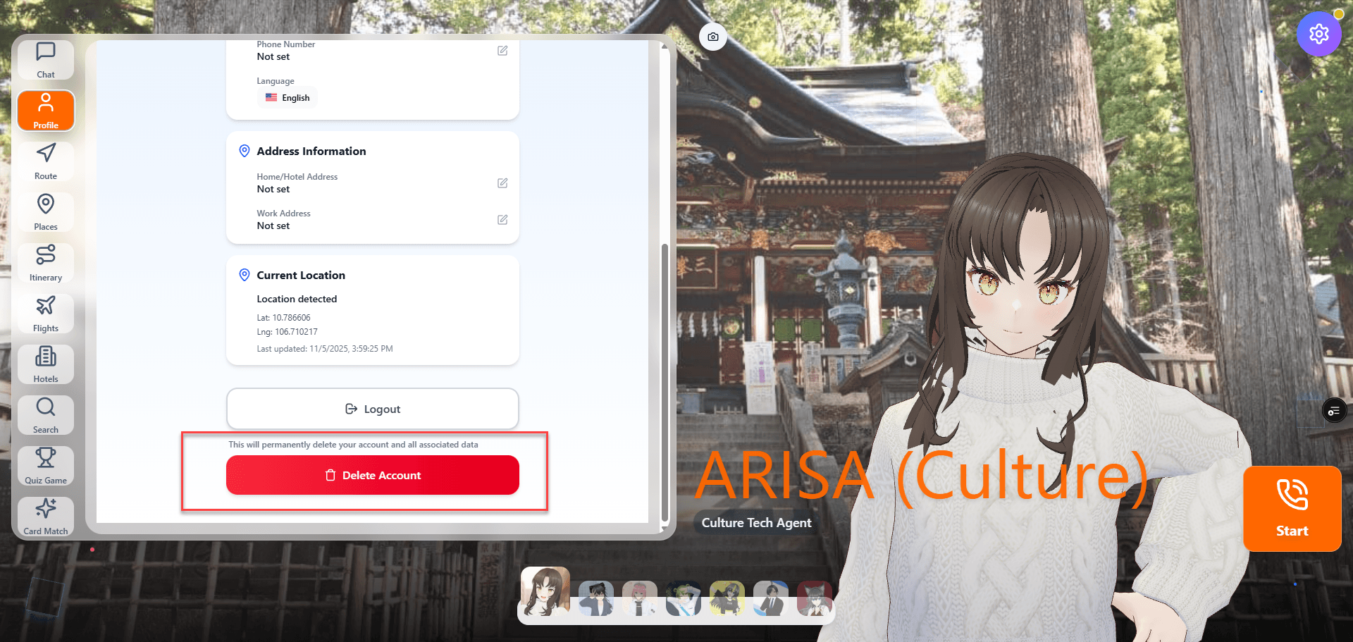 Delete Account Button
